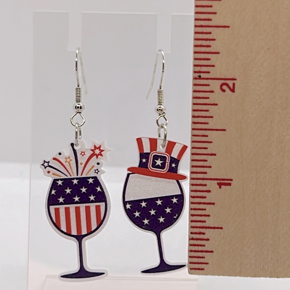 American Independence Day Wine Glass Dangle Earrings Acrylic - Picture 3 of 3